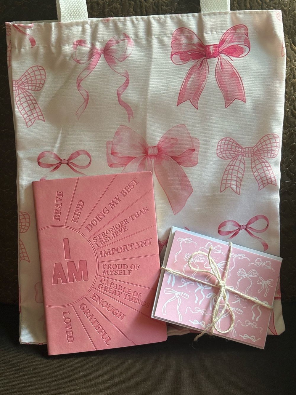 Bow Print Tote with Faux Leather Journal and Coordinating Notecards - Gift Set
